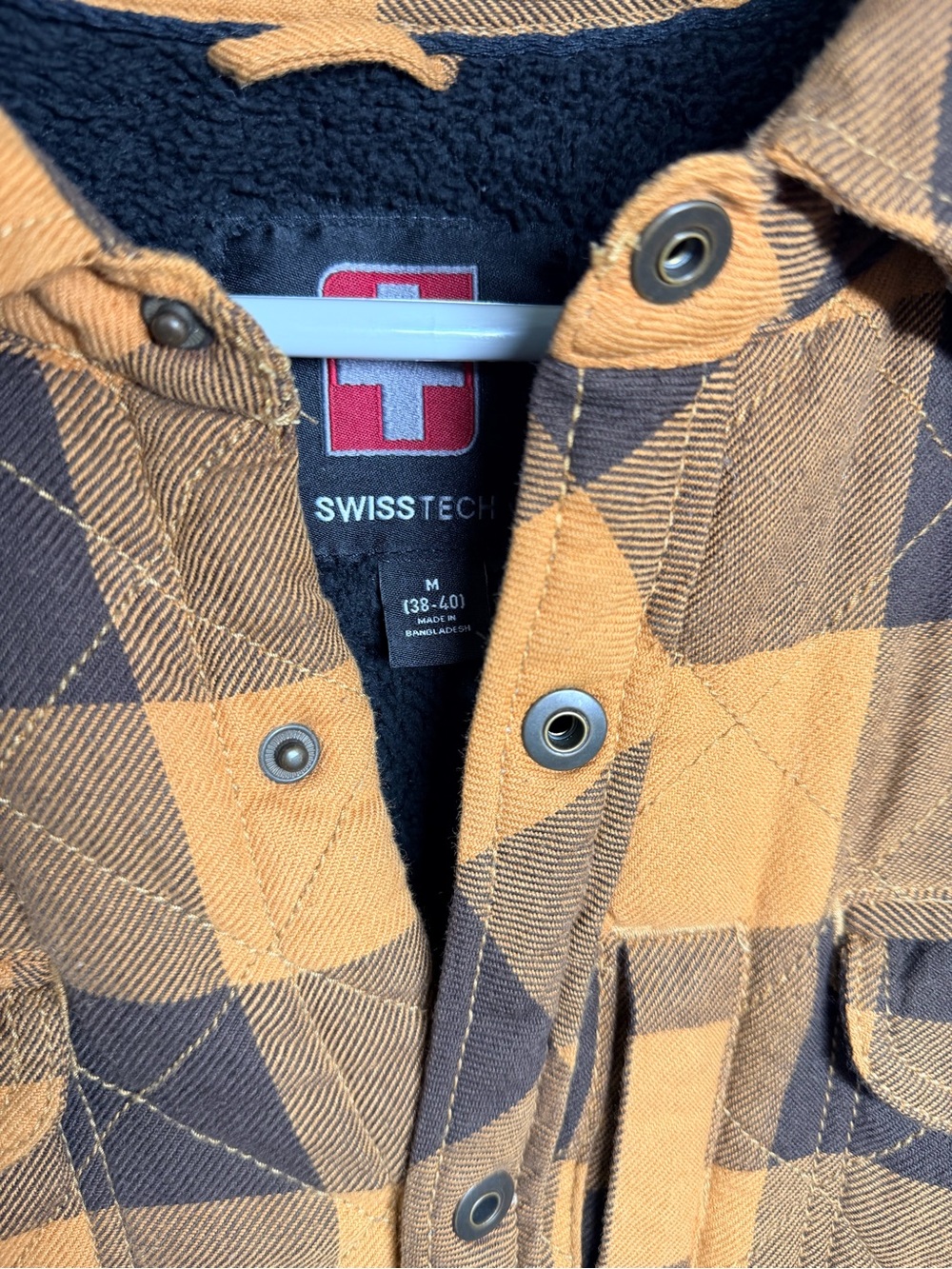 Swiss Tech Sherpa Lined Quilted Flannel Shacket Men’s M Brown Mustard Plaid - Picture 2 of 6